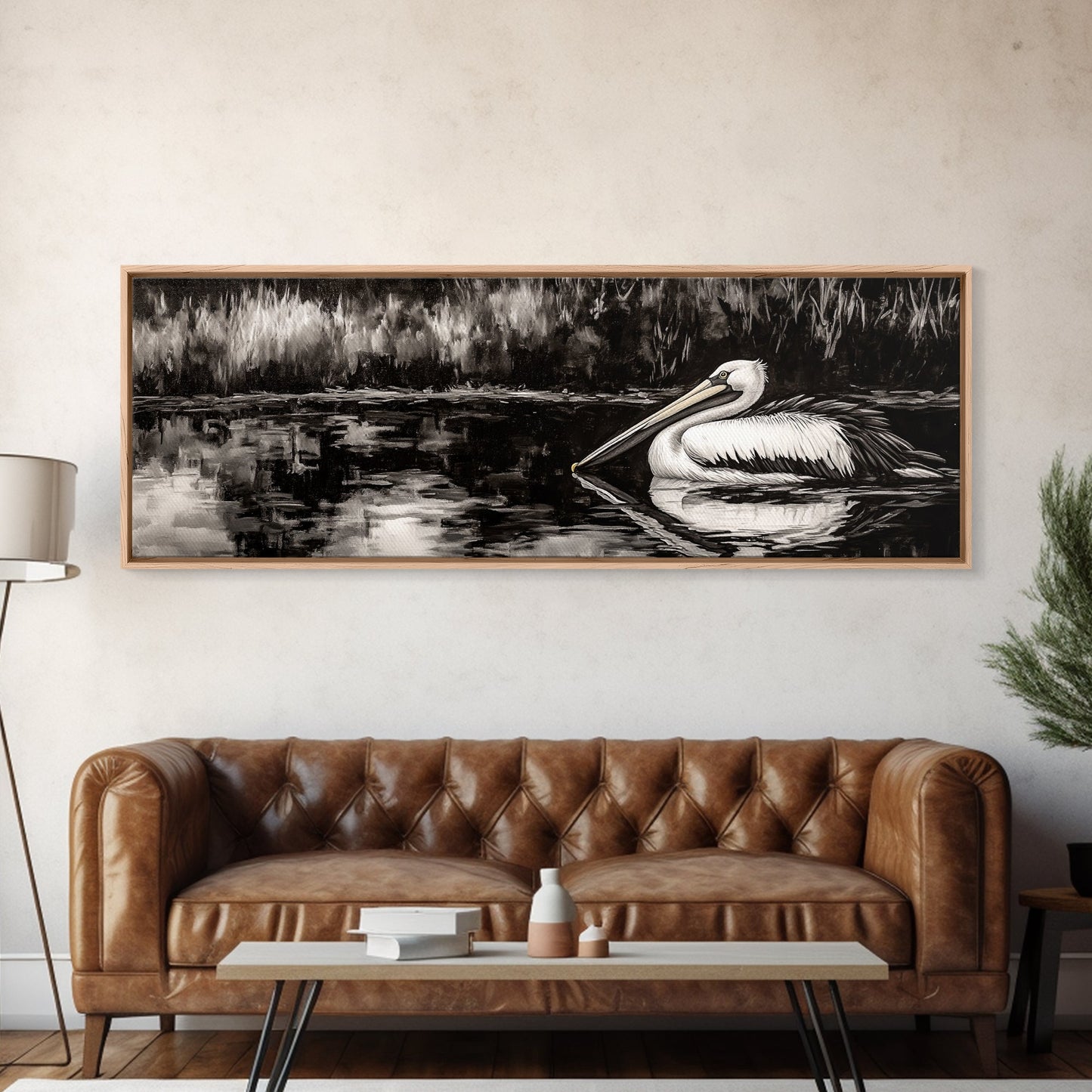 Pelican Reflection, Black White, Wildlife Art, Canvas Print, Nature Wall Art, Coastal Home Decor, Bird Lovers Gift, Monochrome Photography