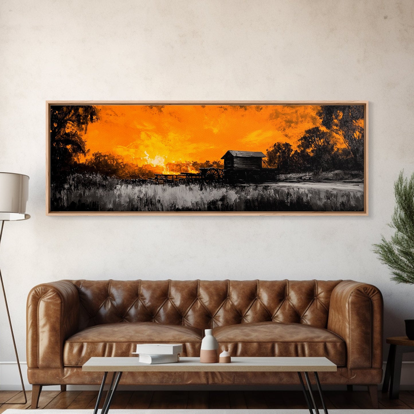 Farm Sunset, Old Barn, Fiery Sky, Rustic Landscape, Framed Canvas Print, Country Wall Art, Western Home Decor, Harvest Season Artwork