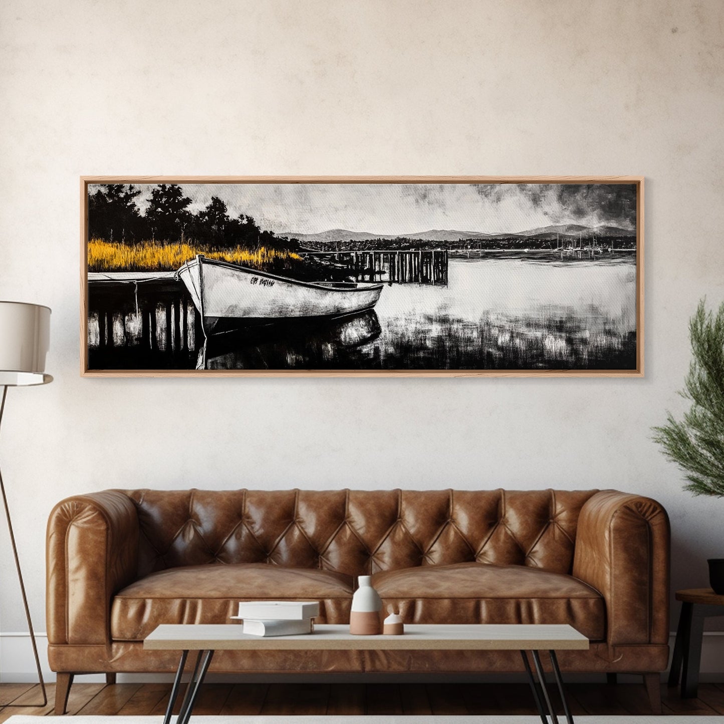 Rustic Boat, Black and White, Nautical Wall Art, Coastal Home Decor, Lake House Art, Large Wall Art, Framed Canvas Print, Living Room Art