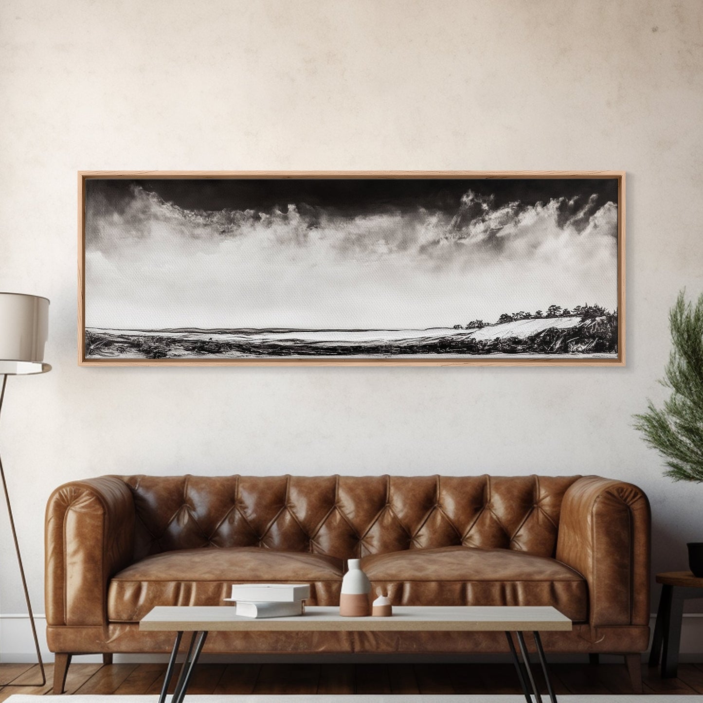 Minimalist Landscape, Black and White Art, Cloudy Sky, Framed Canvas Print, Modern Wall Art, Neutral Home Decor, Monochrome Landscape