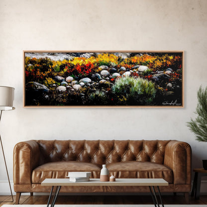 Rocky Shoreline, Wildflowers, Coastal Landscape, Framed Canvas Print, Autumn Beach Scene, Rustic Nature Painting, Entryway Wall Art