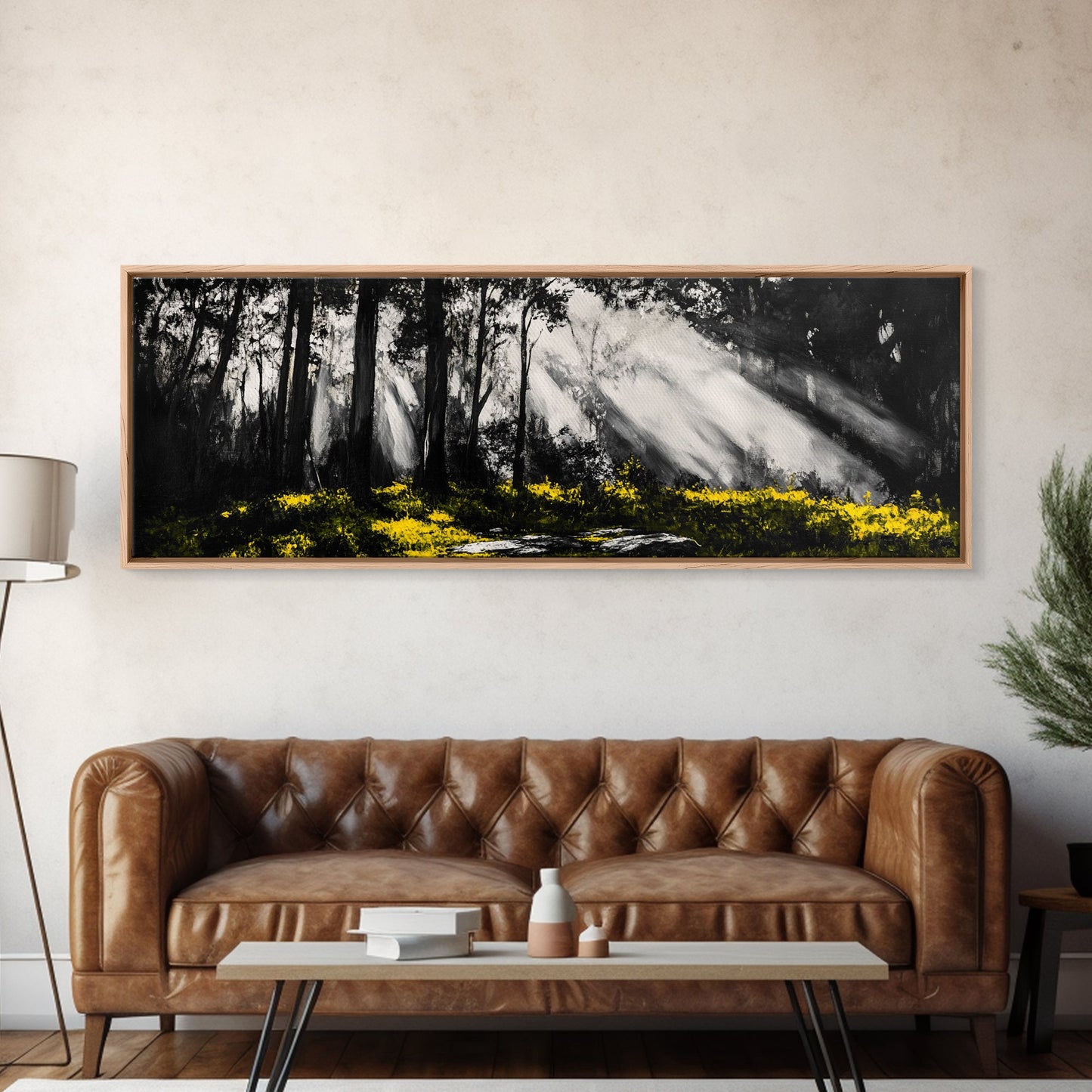 Sunbeam Forest Art, Black and White Painting, Abstract Landscape, Rustic Home Decor, Mystical Woods Artwork, Living Room Wall Art, Canvas Print