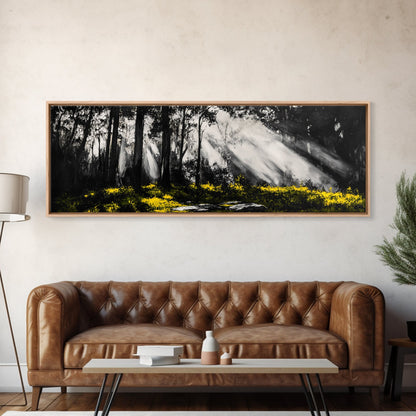 Sunbeam Forest Art, Black and White Painting, Abstract Landscape, Rustic Home Decor, Mystical Woods Artwork, Living Room Wall Art, Canvas Print