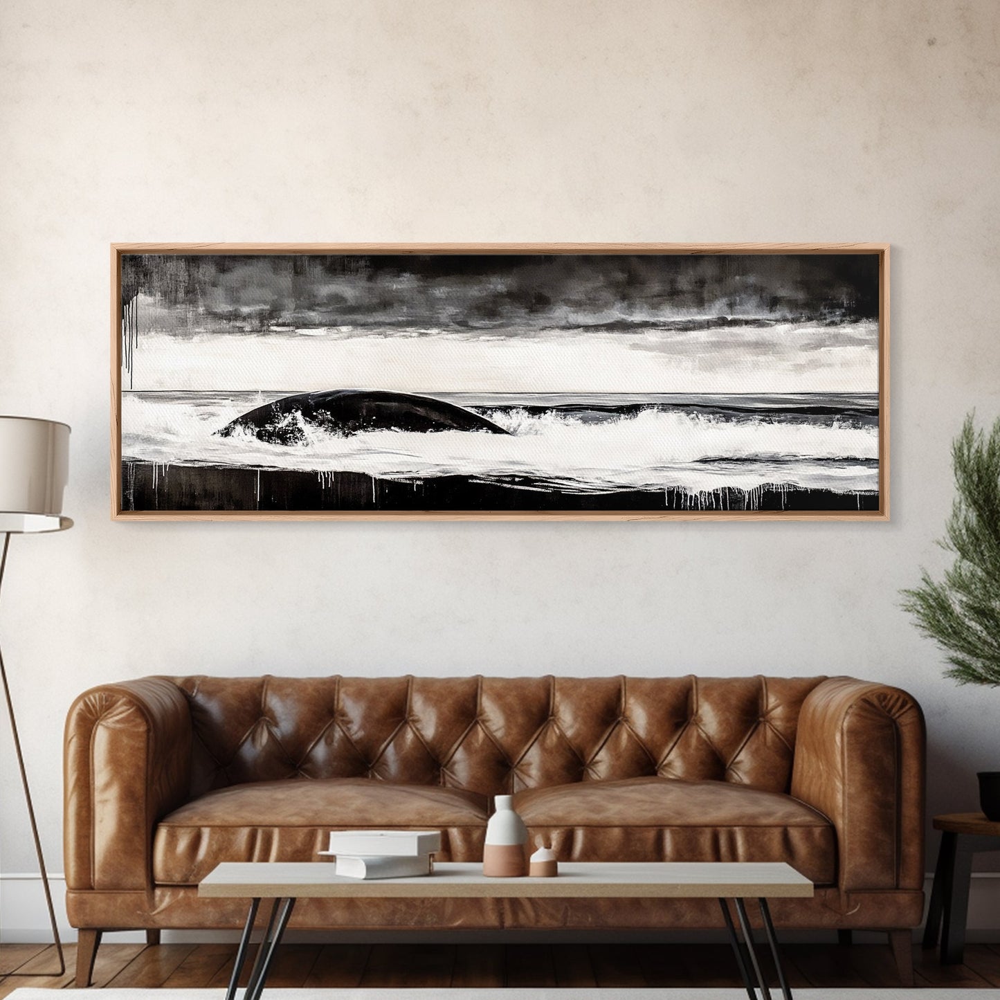Ocean Wave, Moody Seascape, Black and White Art, Framed Canvas Print, Stormy Water, Coastal Home Decor, Nautical Wall Art, Large Statement Piece