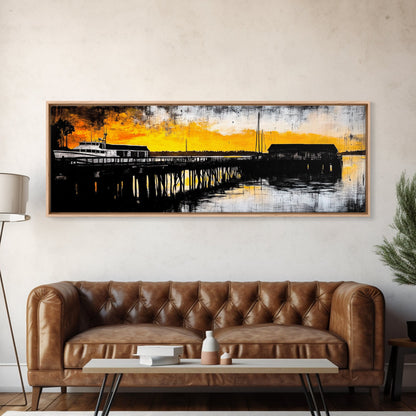 Sunset Pier, Coastal Wall Art, Nautical Art, Framed Canvas Print, Rustic Wall Decor, Boho Art, Living Room Art, Boat Painting