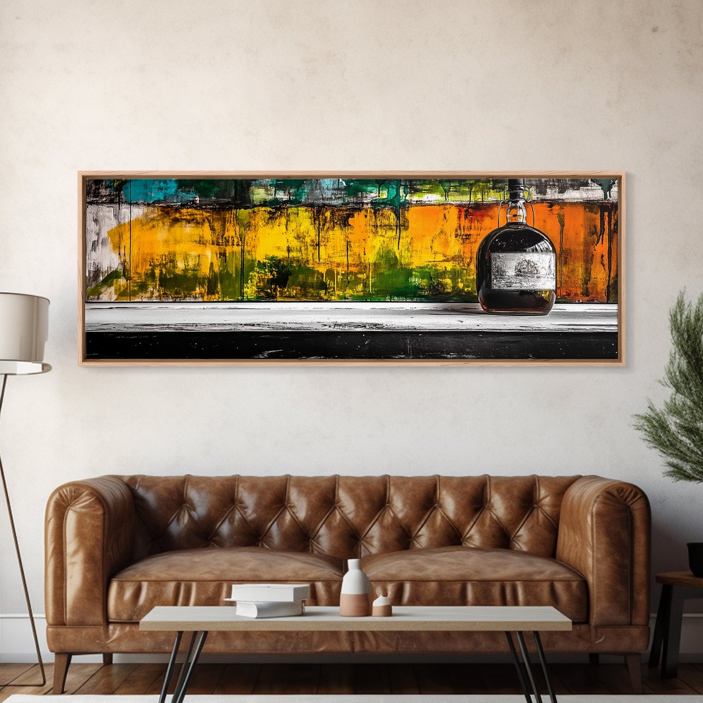 Whiskyflasche, abstrakte Bar-Kunst, rustikale Dekoration, gerahmter Leinwanddruck, Wandbild zum Thema Spirituosen, moderne Küchenkunst, Herbstliche Wanddekoration