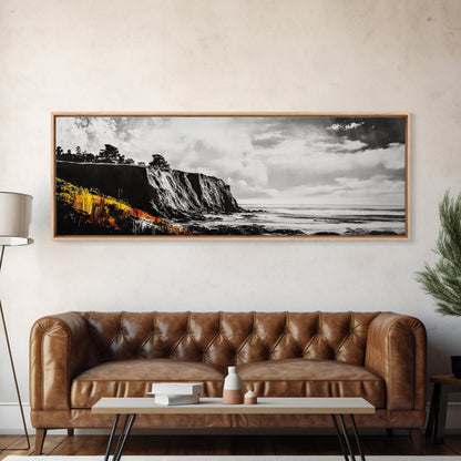 Coastal Cliff Painting, Black and White Seascape, Ocean View Artwork, Modern Nautical Decor, Beach House Wall Art, Framed Canvas Print