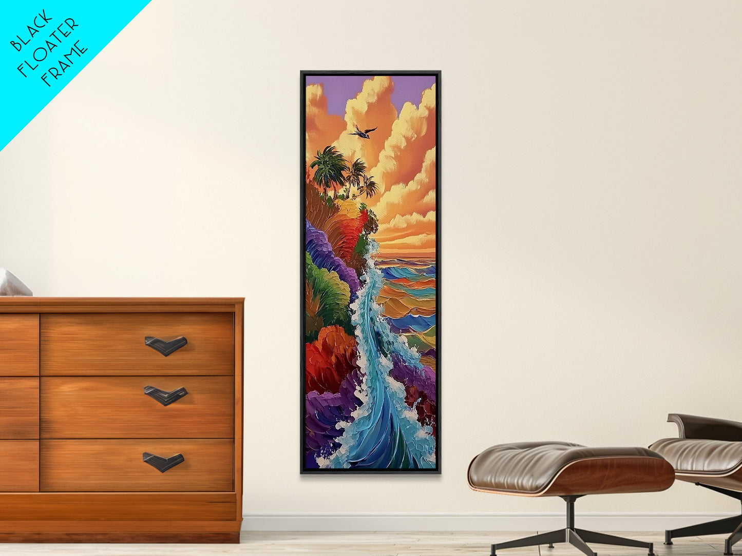 Rainbow Cliff, Ocean Waves, Sunset Coast, Framed Canvas Print, tropical beach decor, vibrant boho wall art, coastal entryway painting