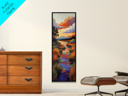 Autumn, River, Sunset, Painting, Framed Canvas Print of colorful river marsh landscape, Fall wall decor, rustic living room boho art