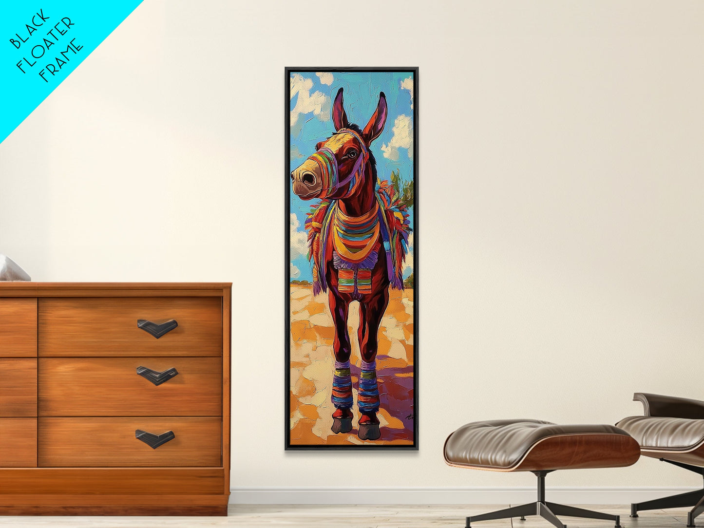 Donkey, Fiesta, Colorful, Fun, Framed Canvas Print with southwestern folk art, playful animal design, boho kids room, kitchen decor
