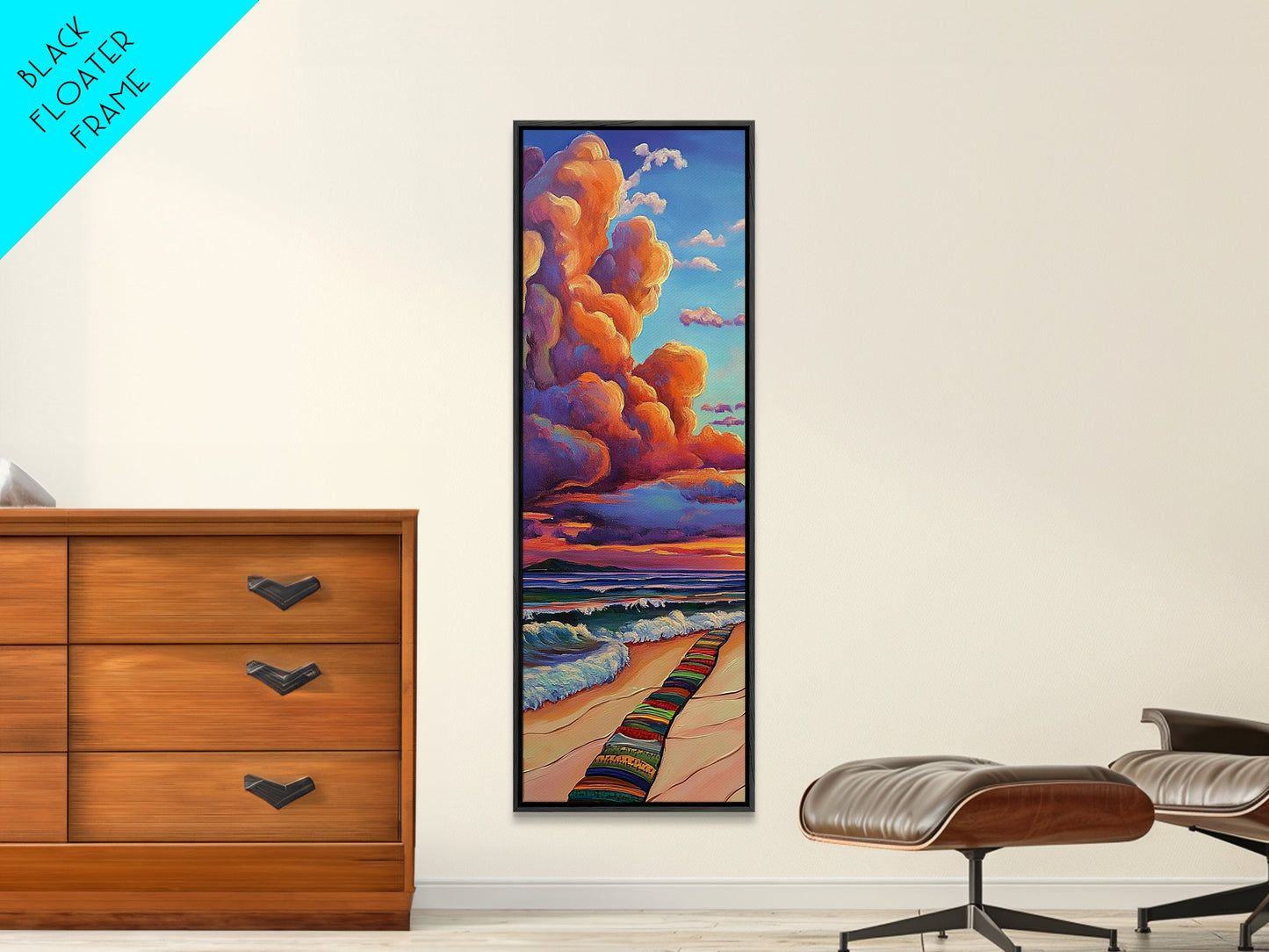 Ocean, Sunset, Blankets, Beach - Framed Canvas Print, Cozy Coastal Wall Art, Warm Sunset Beach Decor, Serene Bedroom, Entryway Accent