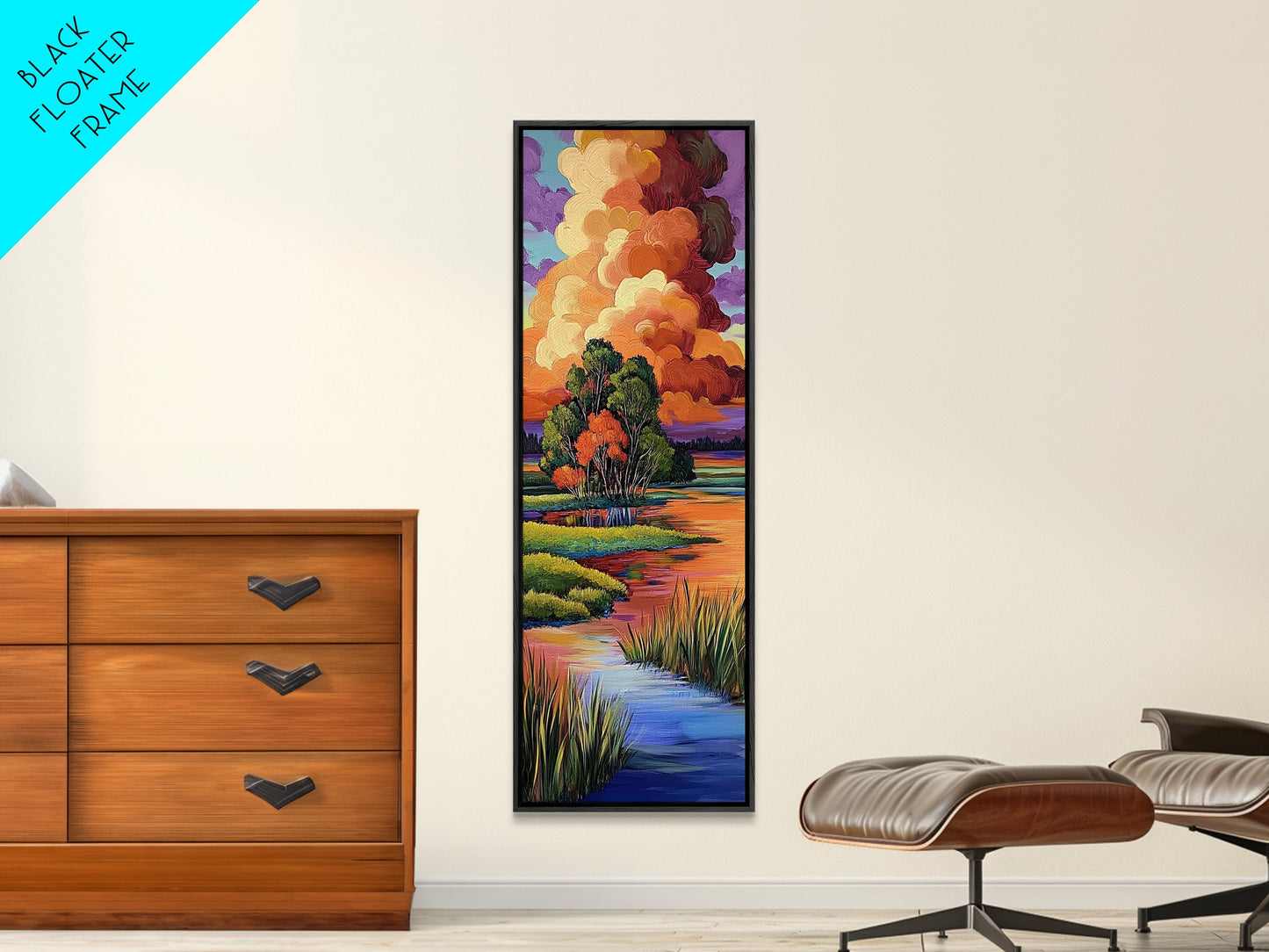 Autumn Marsh, Sunset Glow, Serene Trees, Framed Canvas Print, warm fall landscape art, peaceful country home decor, boho wall design