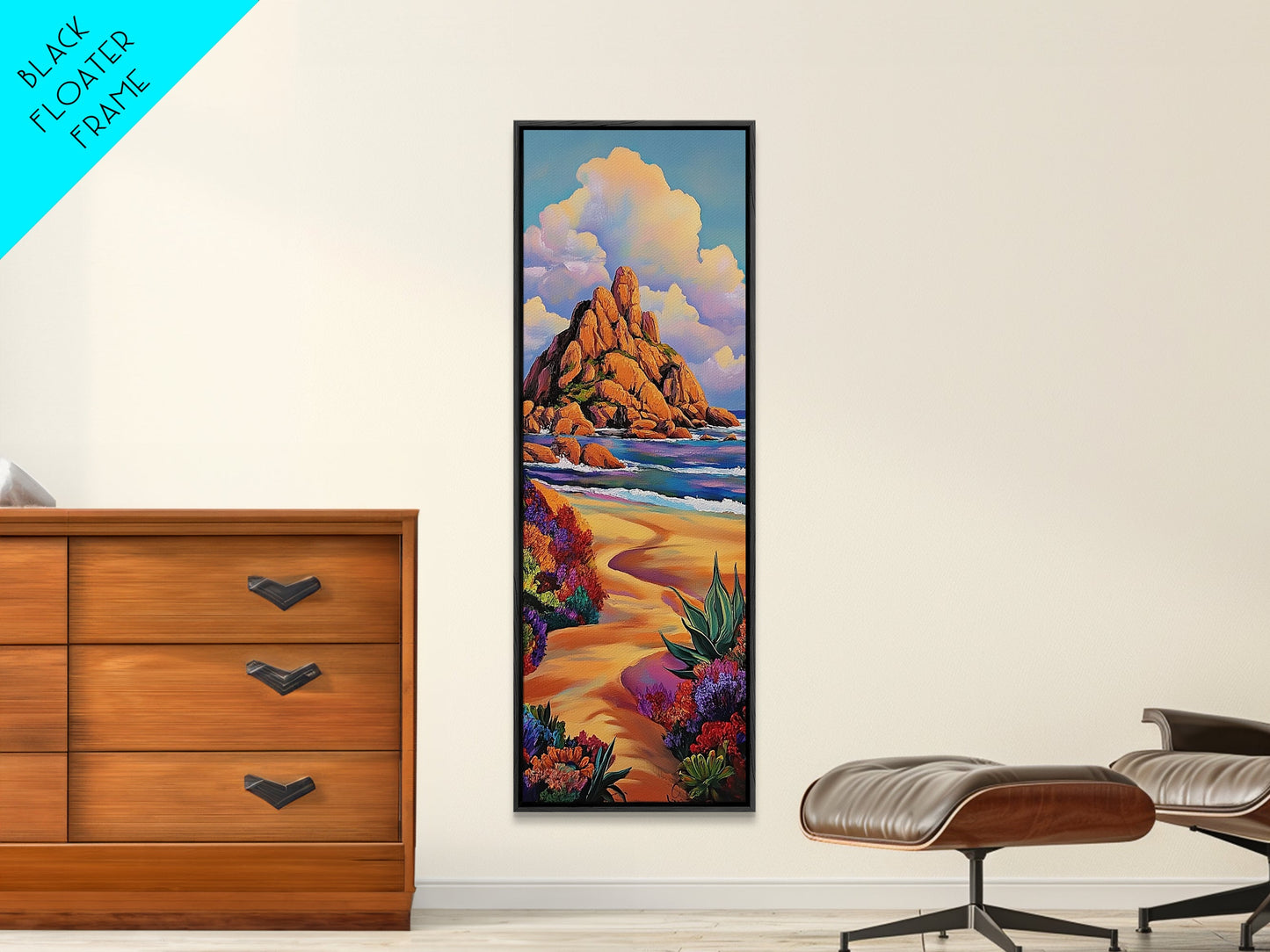 Coastal Path, Mountain, Framed Canvas Print, Vibrant Beach Landscape Wall Art, Desert Coastal Decor, Colorful Nature Living Room Accent