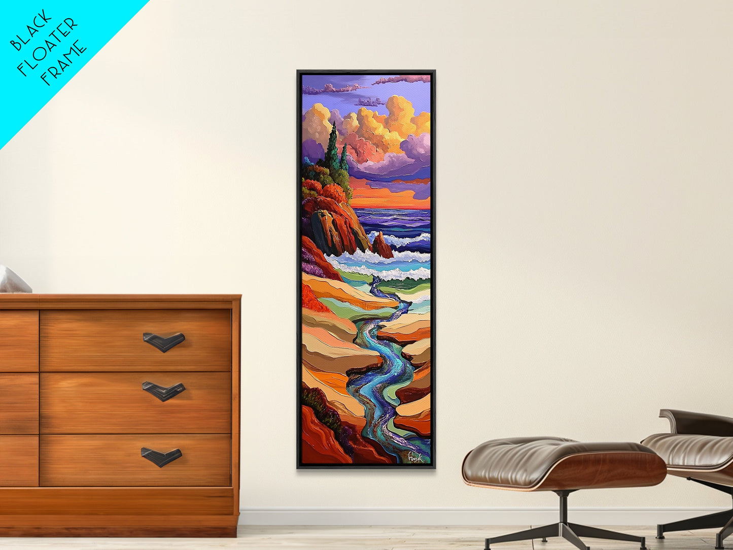 Sunset Coast, Stream Meets Ocean, Abstract Nature, Framed Canvas Print, Fall Wall Art, Colorful Beach Living Room Decor