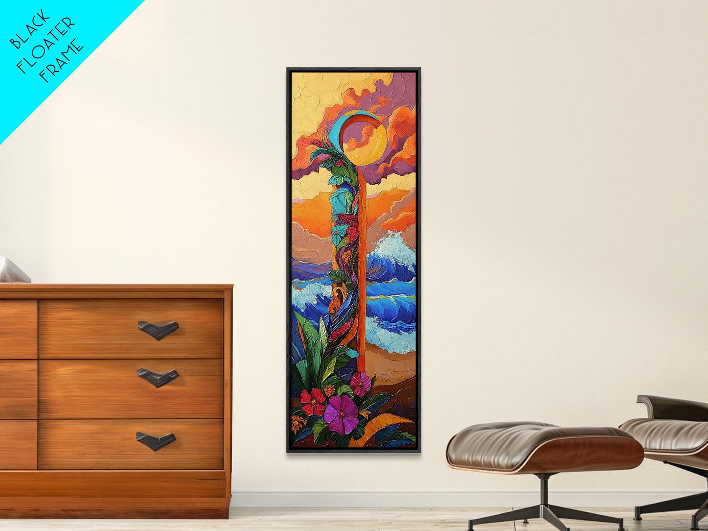 Sunset Waves, Flowers, Canvas Print, Tropical sunset beach painting with waves and floral details, boho decor, hallway wall art