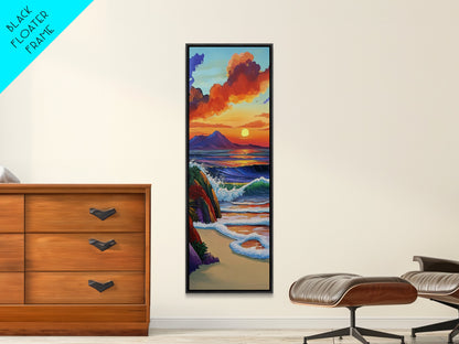Sunset Waves, Shore, Coastal Framed Canvas Print beach sunset wall art, vibrant ocean wave decor, tropical boho art, iving room art
