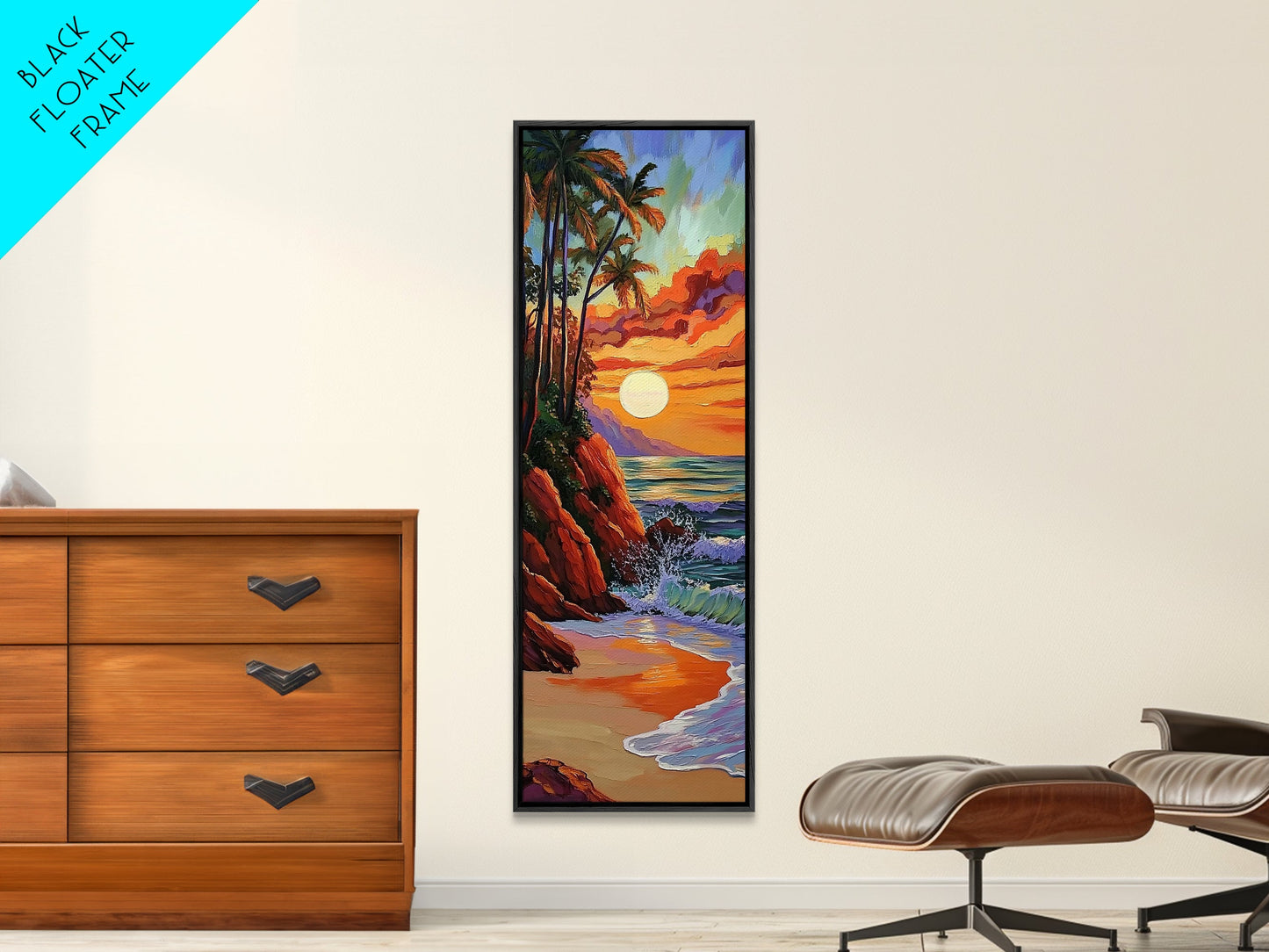 Tropical Sunset, Palms, Beach Framed Canvas Print vibrant tropical sunset scene, palm tree ocean art, vacation vibes, hallway wall print
