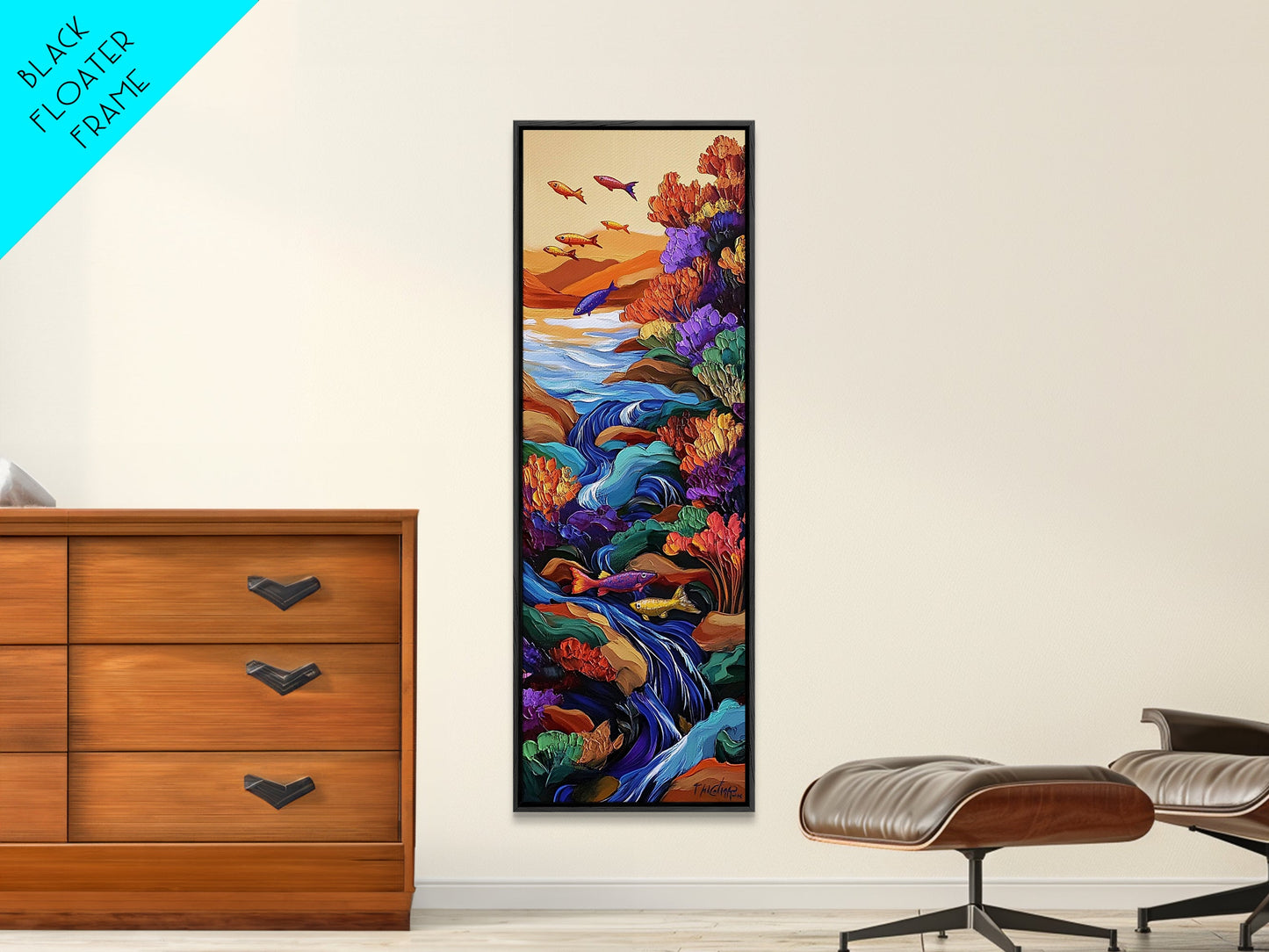 Fish Stream, Fantasy Whimsical — Framed Canvas Print, colorful river painting, kids room aquatic wall art, fantasy nature scene, boho decor