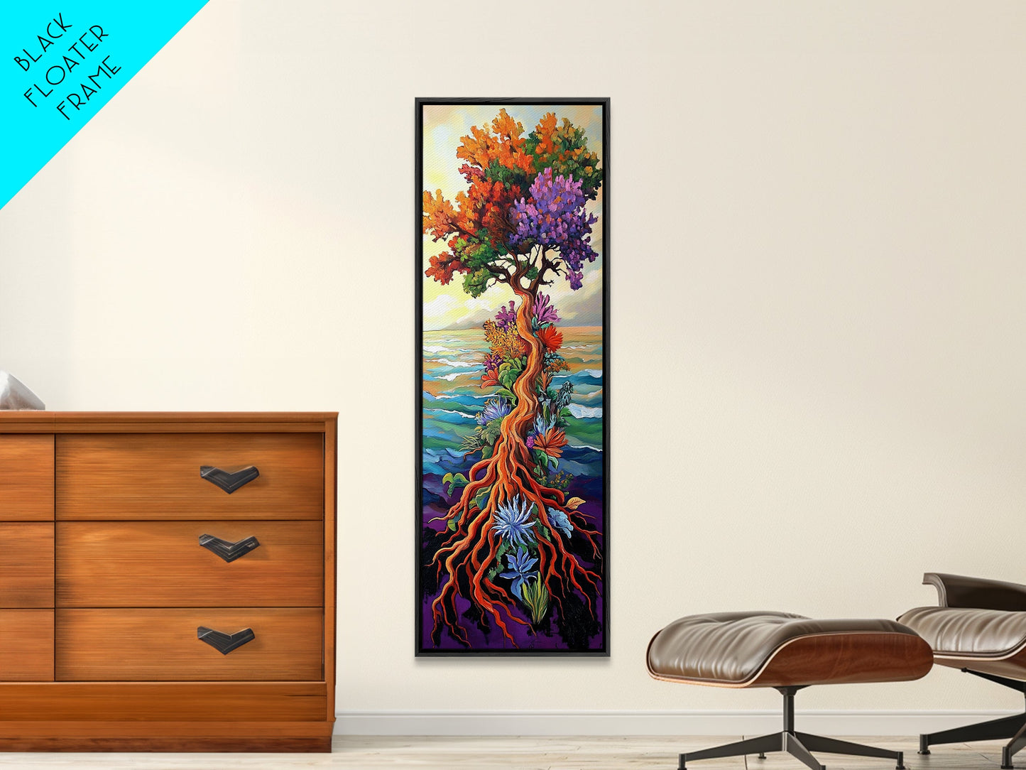 Tree of Life, Vibrant Roots, Abstract Nature Scene, Framed Canvas Print, Bohemian Home Art, Whimsical Bedroom Decor, Colorful Spiritual Art