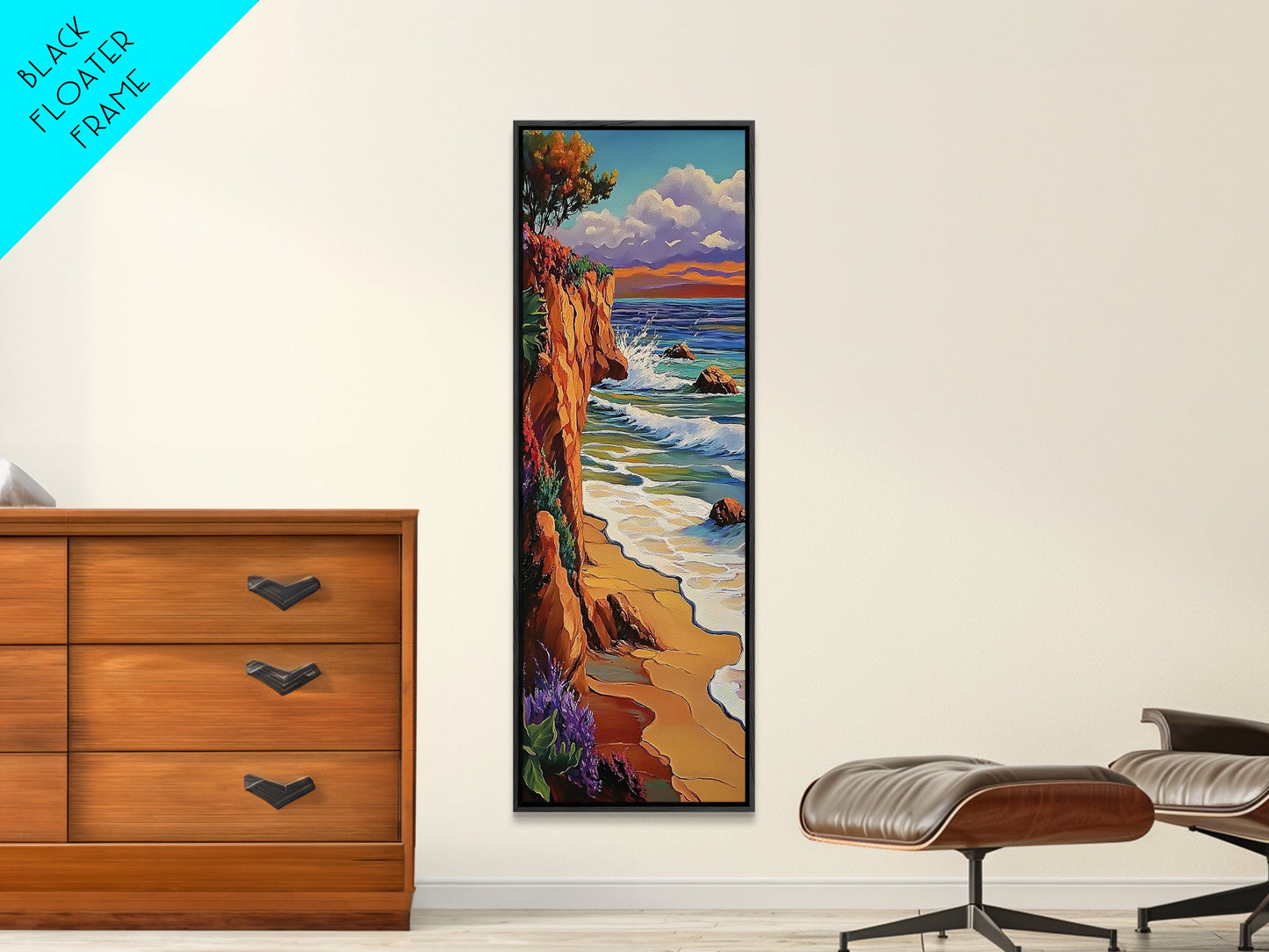 Ocean Cliff, Waves, Bold - Framed Canvas Print, coastal wall décor, colorful beach house art, fall inspired seascape, bedroom wall piece