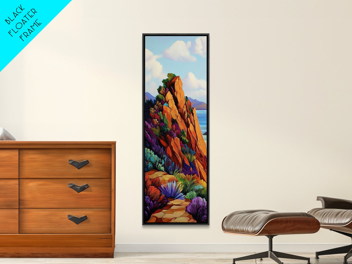 Cliff Trail, Seaside, Vista, Framed Canvas Print, nature hiking trail painting, boho wall decor, mountain sea view artwork, living room print