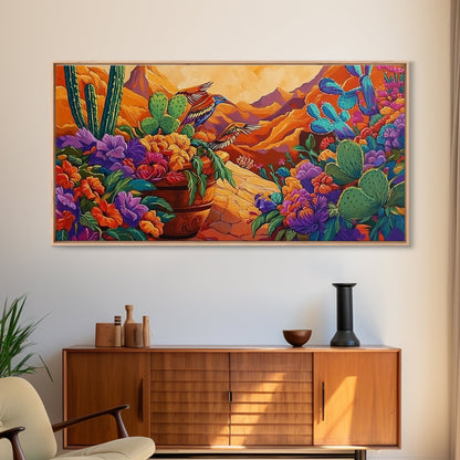 Birds Cactus, Blossoms, Bright Nature Framed Canvas Print, Desert Floral Wall Decor, Southwest Living Room Boho Wall Art