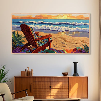 Chair Ocean, Sunset, Framed Canvas Print, Tranquil Beach Chair Painting, Relaxing Seaside Wall Decor, Zen Office Artwork