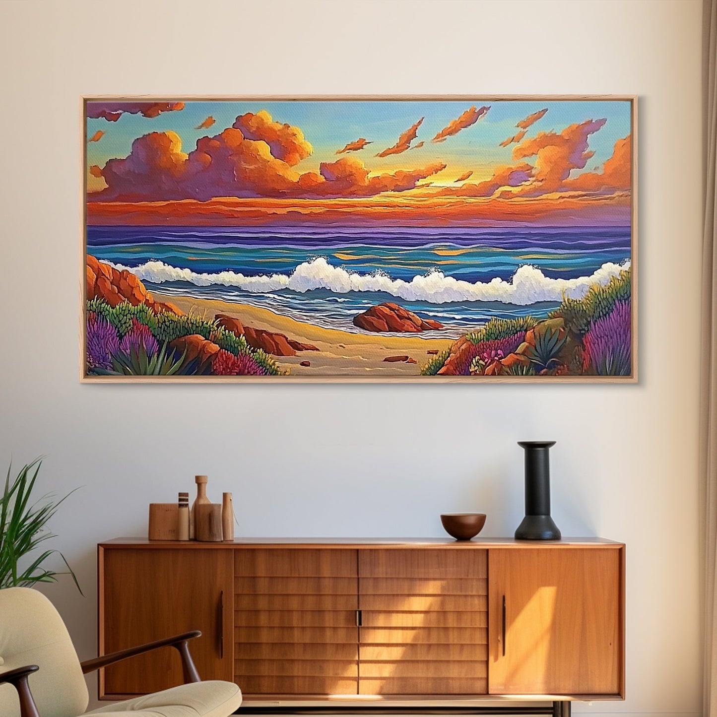 Beach Sunset, Waves, Pastel, Canvas Print, Seaside Landscape Art, Coastal Home Wall Decor, Serene Living Room Accent
