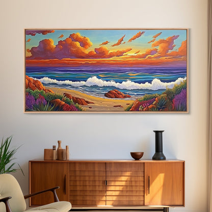 Beach Sunset, Waves, Pastel, Canvas Print, Seaside Landscape Art, Coastal Home Wall Decor, Serene Living Room Accent