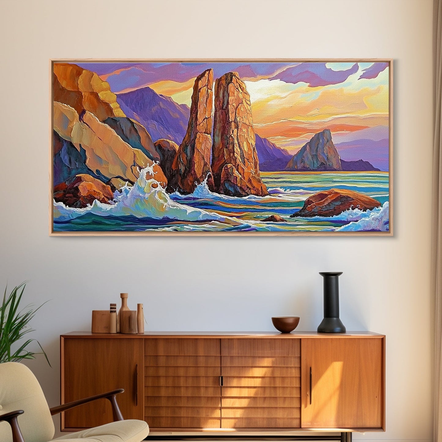 Ocean Rocks, Waves, Sunrise, Framed Canvas Print, Coastal Landscape Art, Nautical Beach Wall Decor, Ocean Sunset Art, Bedroom Accent