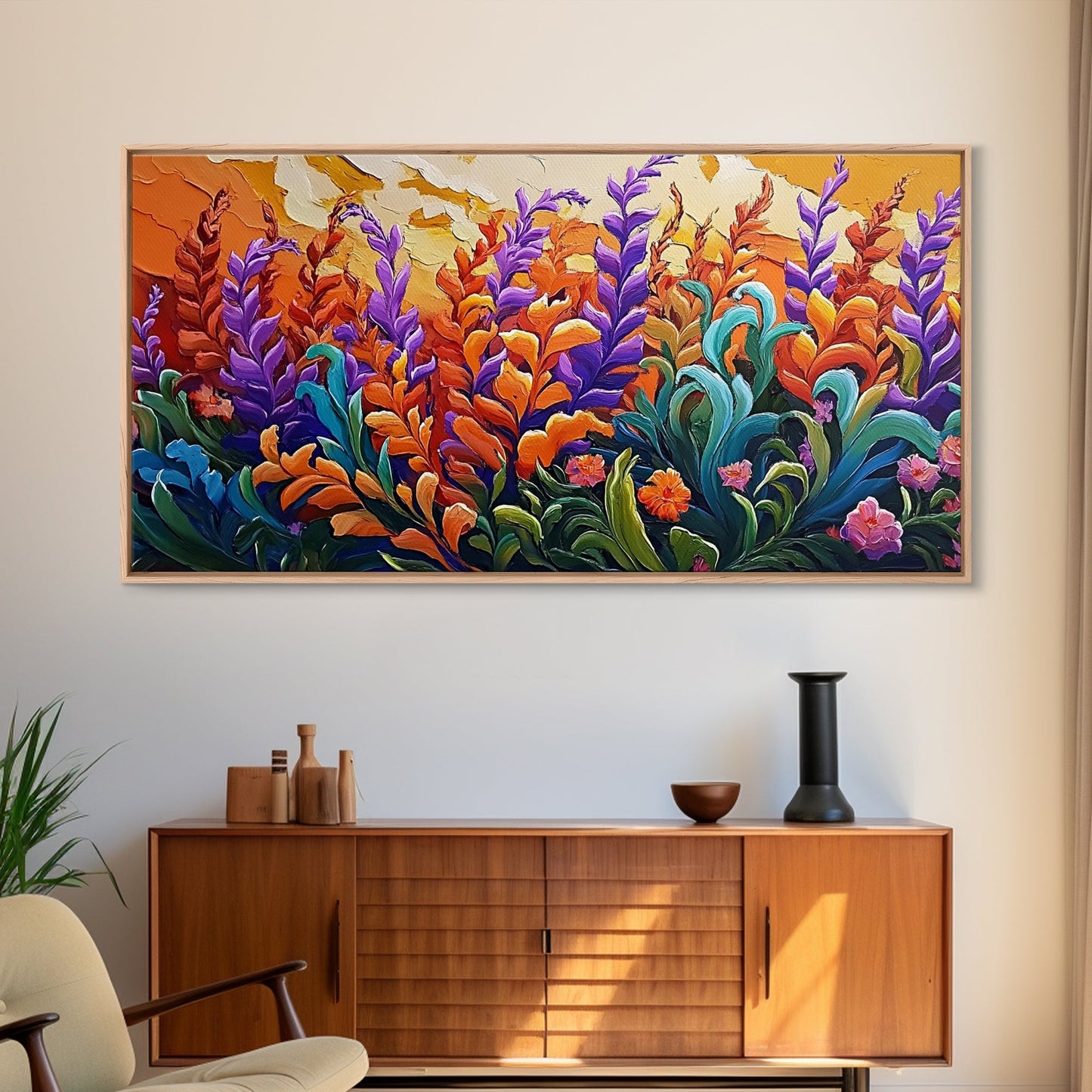 Flowers Sunset, Vibrant, Nature, Framed Canvas Print, Fall Wildflower Art, Boho Floral Wall Decor, Kitchen or Entryway Accent