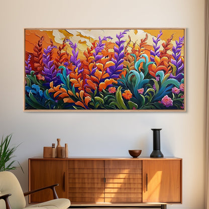 Flowers Sunset, Vibrant, Nature, Framed Canvas Print, Fall Wildflower Art, Boho Floral Wall Decor, Kitchen or Entryway Accent