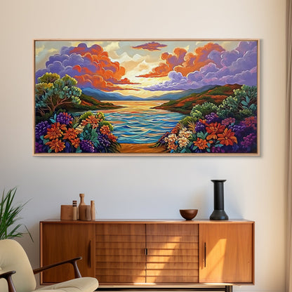 Sunset Floral, Lake, Garden, Framed Canvas Print, romantic nature painting, bedroom wall art, bright flower garden decor, sunset print