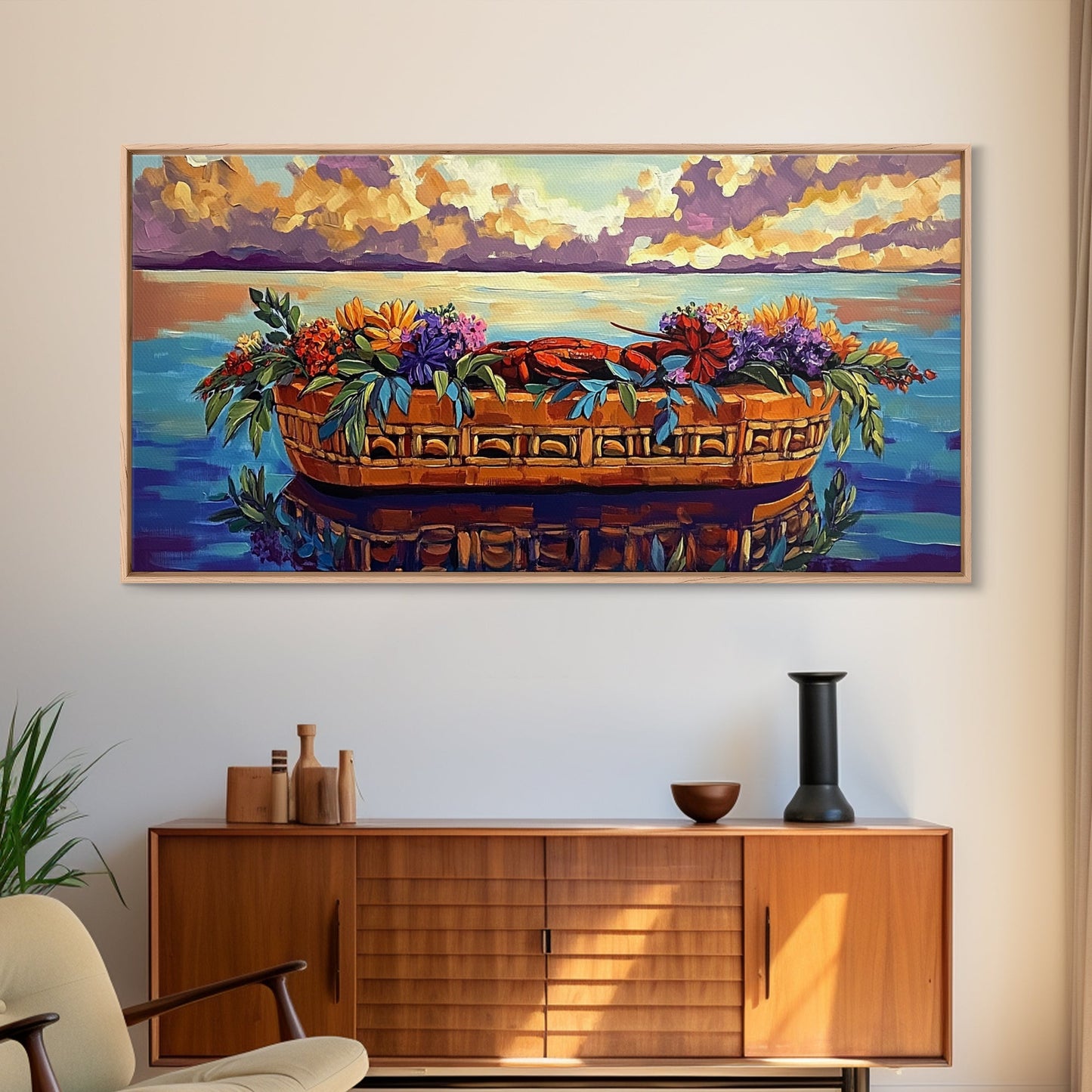 Lobster Basket, Florals, Coastal, Canvas Print, Nautical seafood kitchen wall art, whimsical ocean dining decor, coastal flower boho art