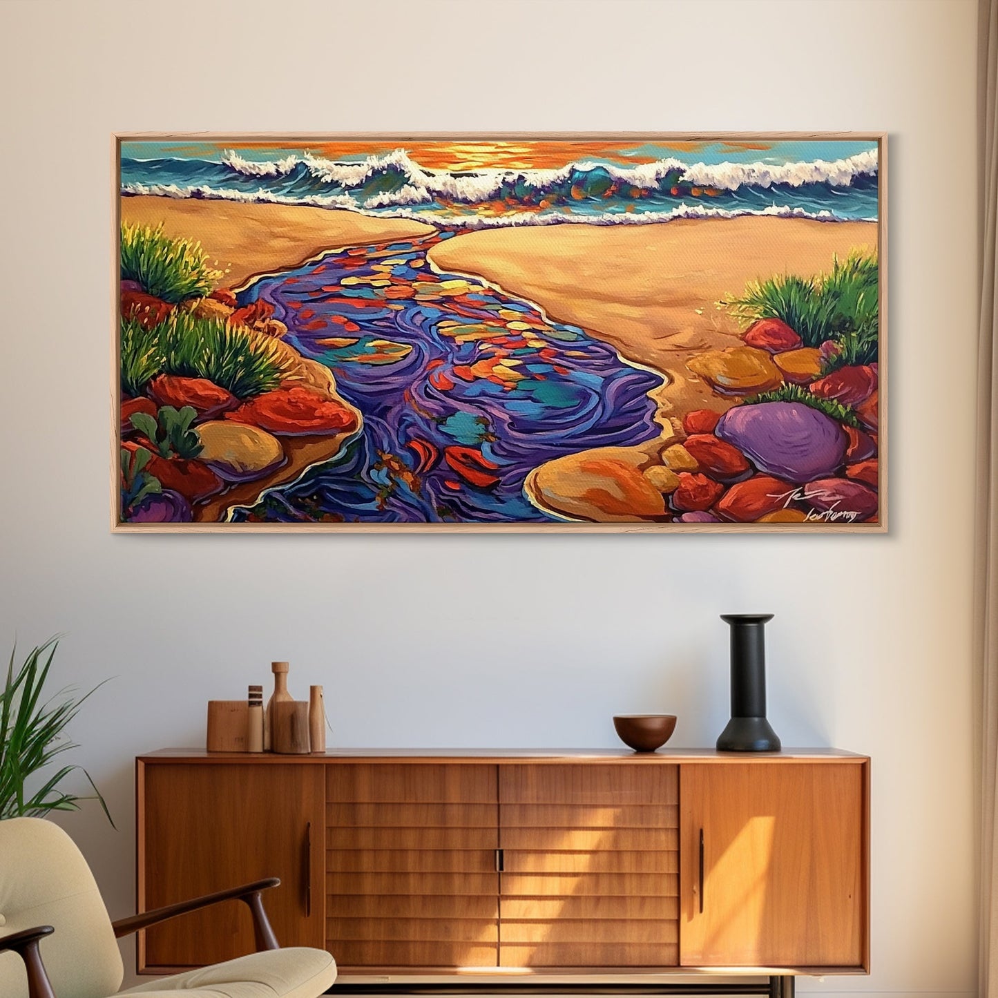 Ocean Stream, Sunset, Framed Canvas Print, Vibrant Beach Painting, Surf Wall Art, Coastal Decor, Sunset Seascape, Colorful Nature Art