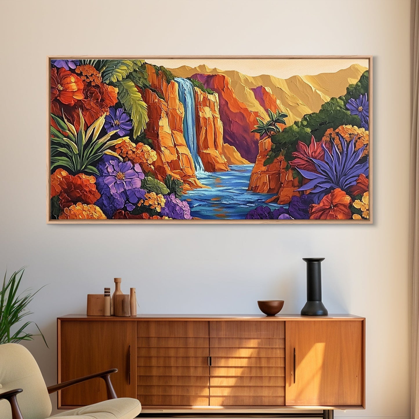 Canyon Waterfall, Desert Bloom, Sunset Rocks, Framed Canvas Print, Nature Landscape Wall Art, Boho Bedroom or Office Decor