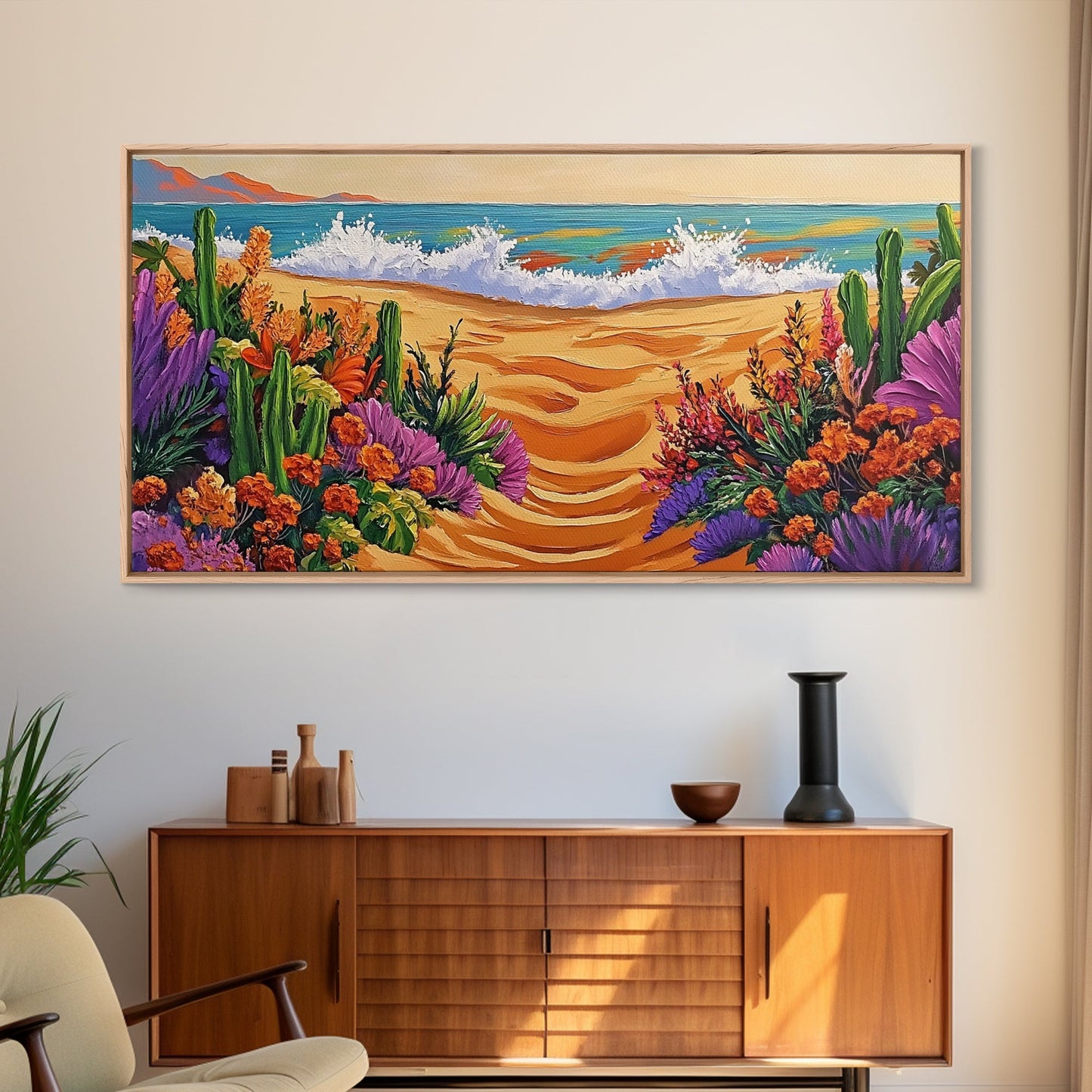 Beach Floral, Sunset, Cactus, Vibrant Desert Coastal Pathway Canvas Print, Entryway Wall Art, Boho Style Art, Tropical Beach Wall Decor