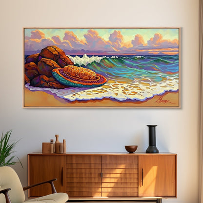 Conchas Beach, Sunset, Waves, Canvas Print, Mexican sweet bread art, kitchen wall decor, colorful bakery art, beach wall painting
