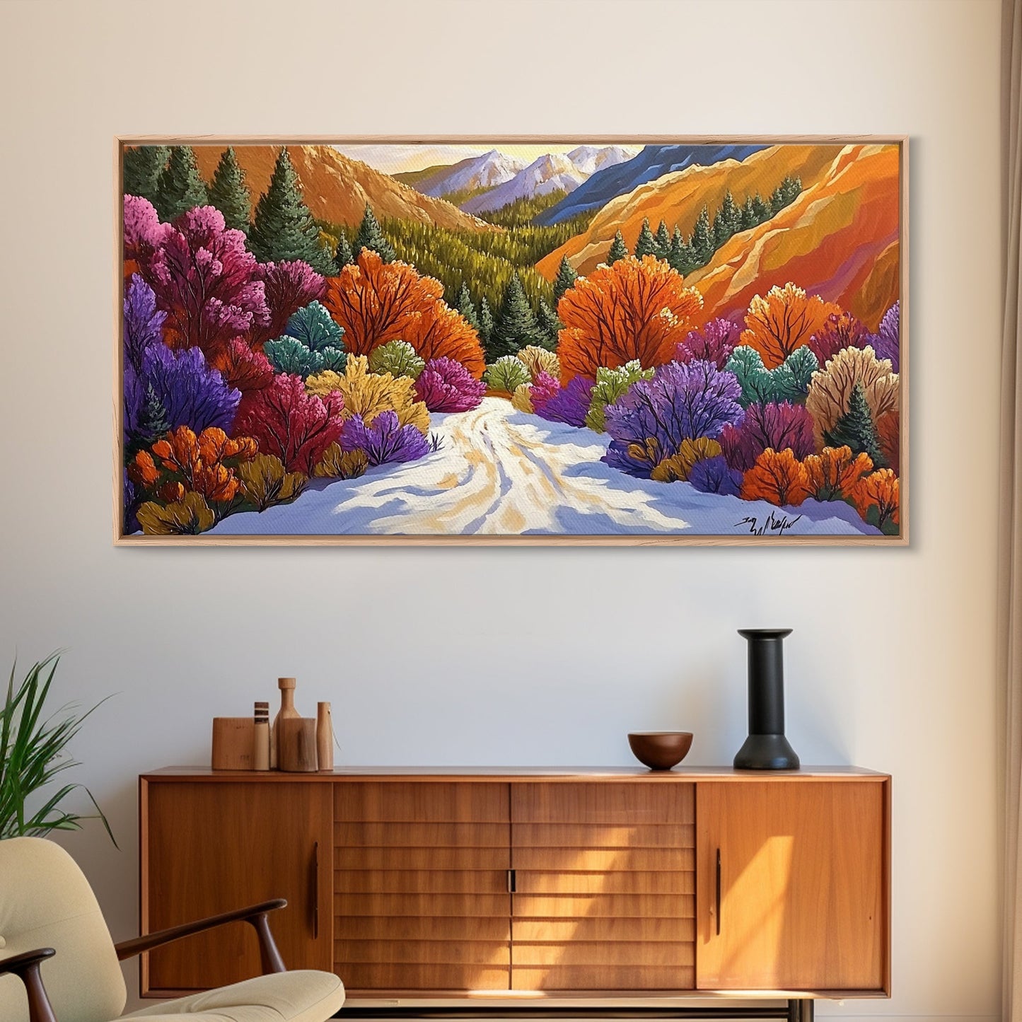 Autumn Forest, Snow, Trail, Canvas Print, Fall landscape painting, cabin wall decor, cozy mountain art, vibrant rustic hallway print