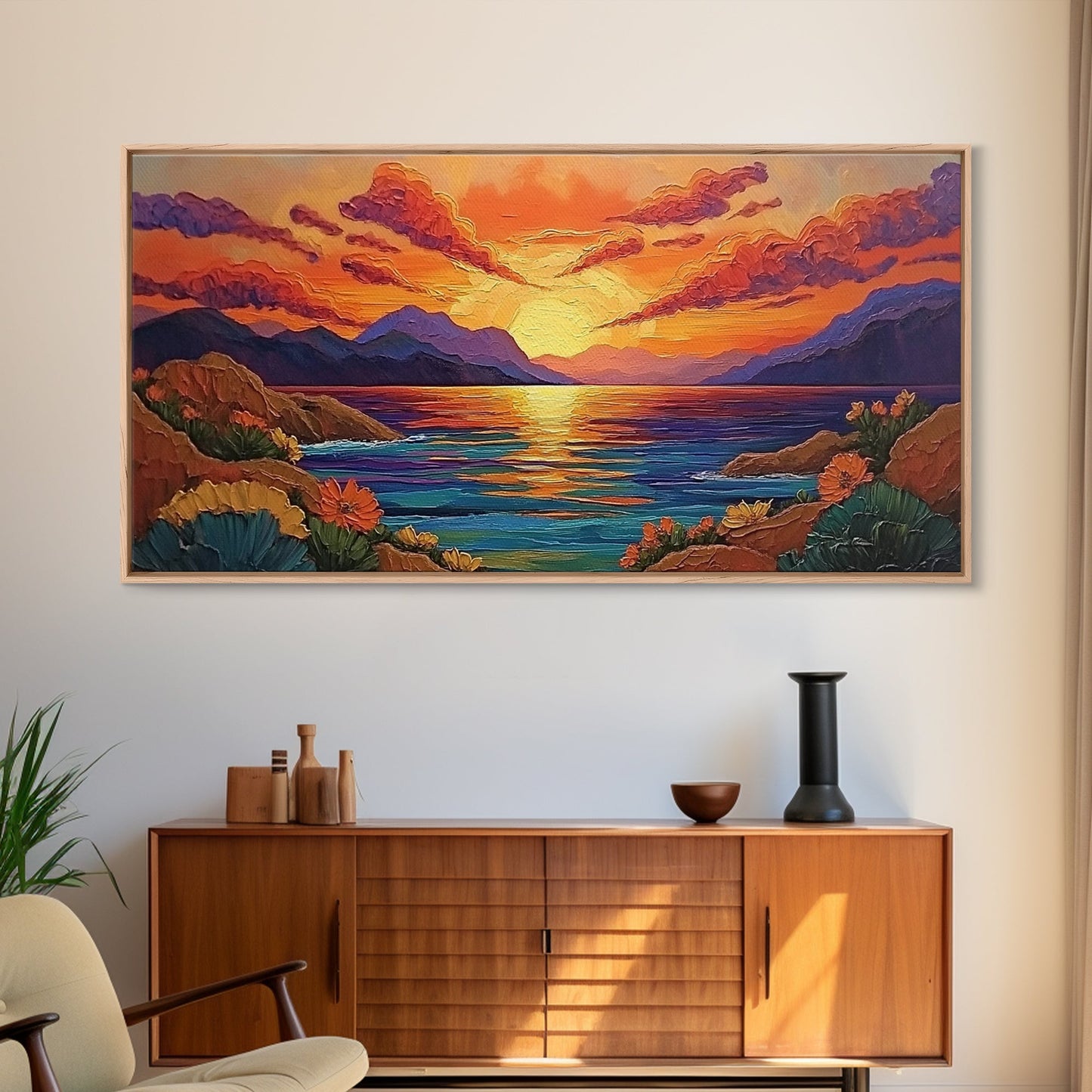 Sunset Coastal, Landscape, Vibrant Colors, Framed Canvas Print, Boho Beach Art, Living Room Wall Decor, Nature Painting, Summer Vibes