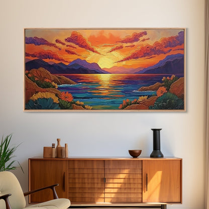 Sunset Coastal, Landscape, Vibrant Colors, Framed Canvas Print, Boho Beach Art, Living Room Wall Decor, Nature Painting, Summer Vibes