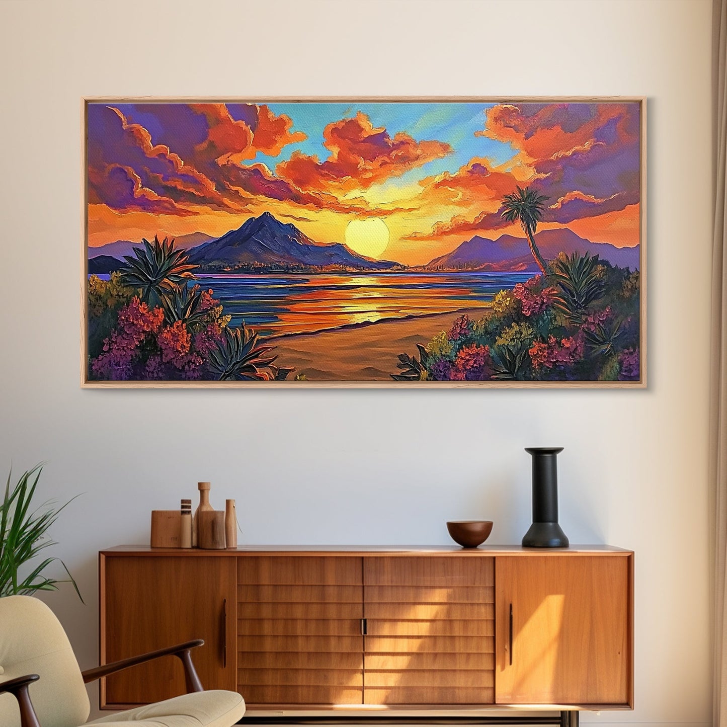 Mountains Tropical, Sunset, Palm Trees, Framed Canvas Print, Bold Landscape Art, Living Room Wall Decor, Sunset View, Boho Decor