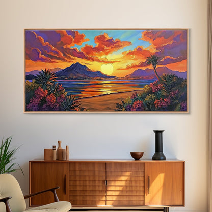 Mountains Tropical, Sunset, Palm Trees, Framed Canvas Print, Bold Landscape Art, Living Room Wall Decor, Sunset View, Boho Decor