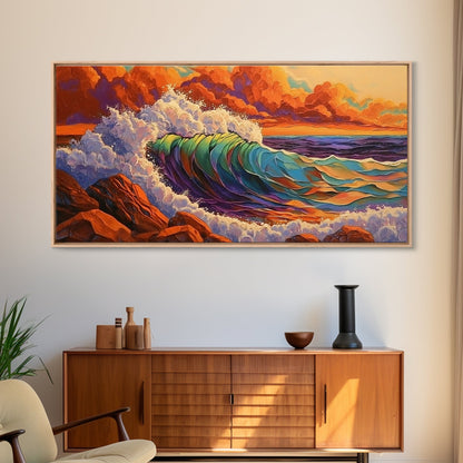 Ocean Wave, Sunset, Crashing Surf, Framed Canvas Print, Colorful Coastal Art, Living Room Wall Decor, Seaside Painting, Bold Landscape