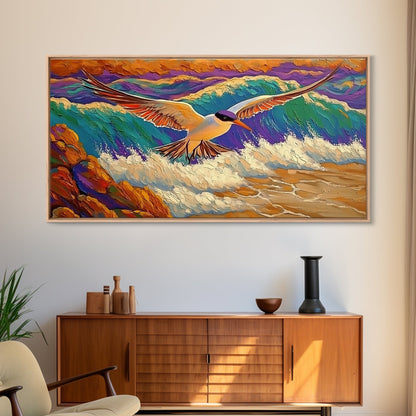 Seagull, Beach, Ocean Waves, Vibrant Sky, Framed Canvas Print, Coastal Wildlife Art, Living Room Wall Decor, Bird Painting, Boho Nature