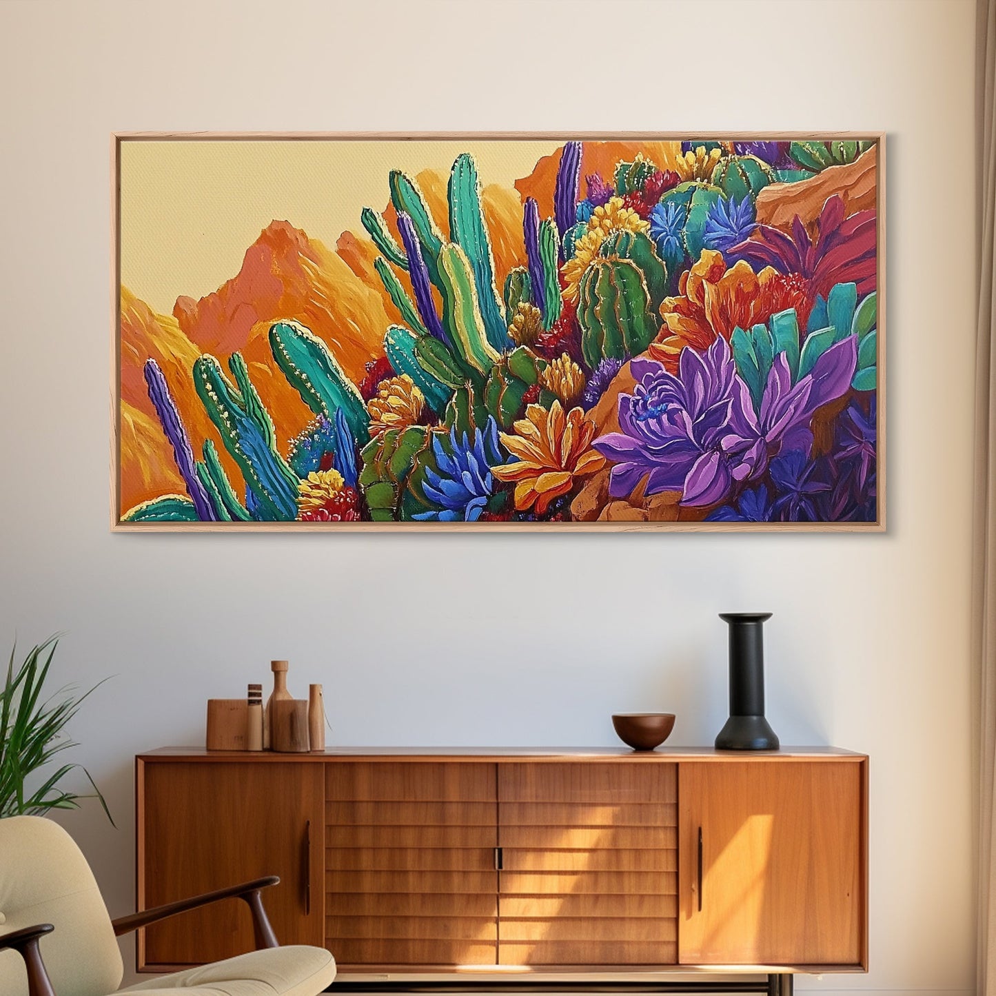 Cactus Desert, Wild, Garden, Colorful Wild Cactus Garden Canvas Print, Southwestern Desert Wall Art, Dining Room Decor, Boho Art Print