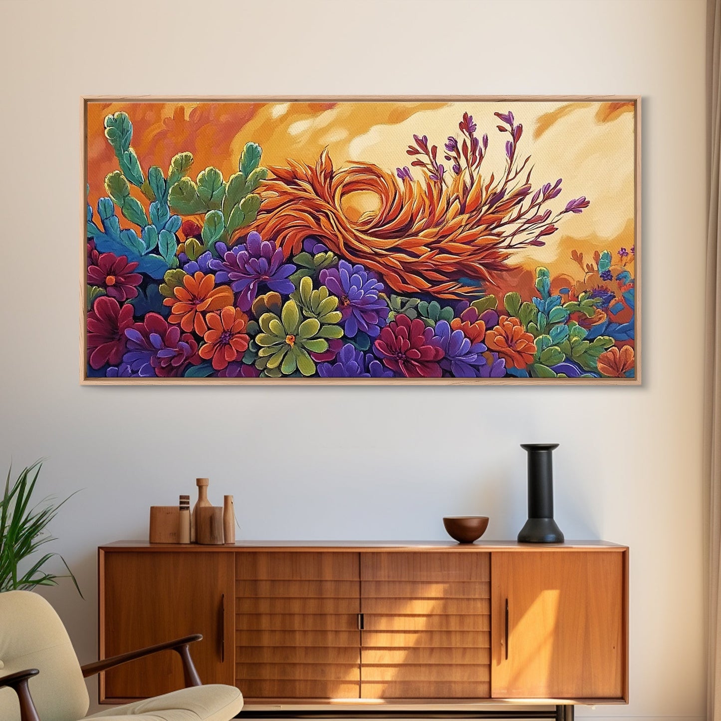 Succulent, Desert, Bloom, Sunset, Framed Canvas Print, Cactus boho art, colorful desert wall decor, Southwestern kitchen wall art
