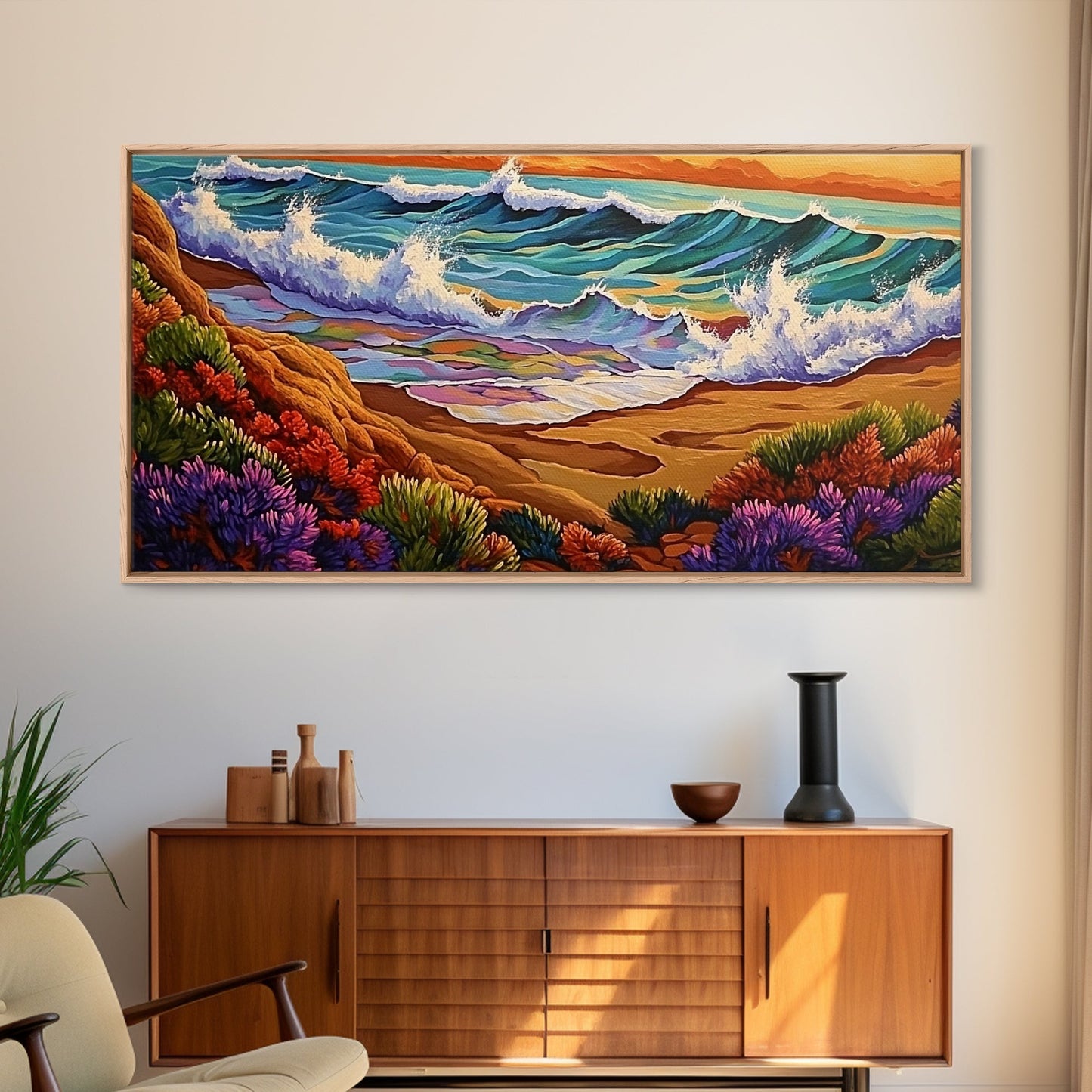 Wave Shoreline, Sunset Painting, Framed Canvas Print, vibrant crashing ocean waves, colorful rocks, Coastal Wall Art, tropical art