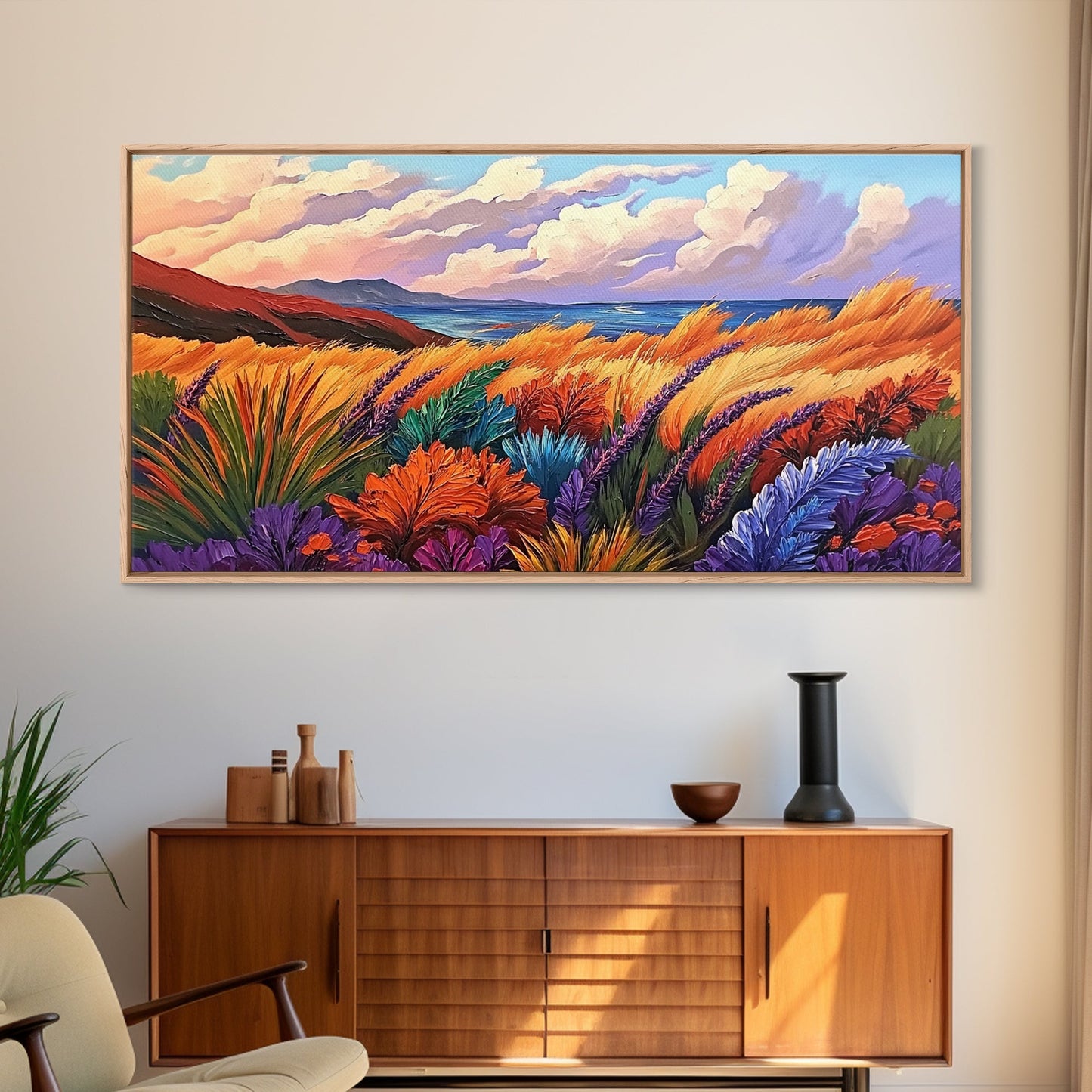 Golden Field, Coastal Landscape, Sunset, Colorful Grass, Ocean View, Large Wall Art, Living Room Wall Art, Canvas Print, Nature Decor