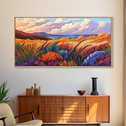 Golden Field, Coastal Landscape, Sunset, Colorful Grass, Ocean View, Large Wall Art, Living Room Wall Art, Canvas Print, Nature Decor